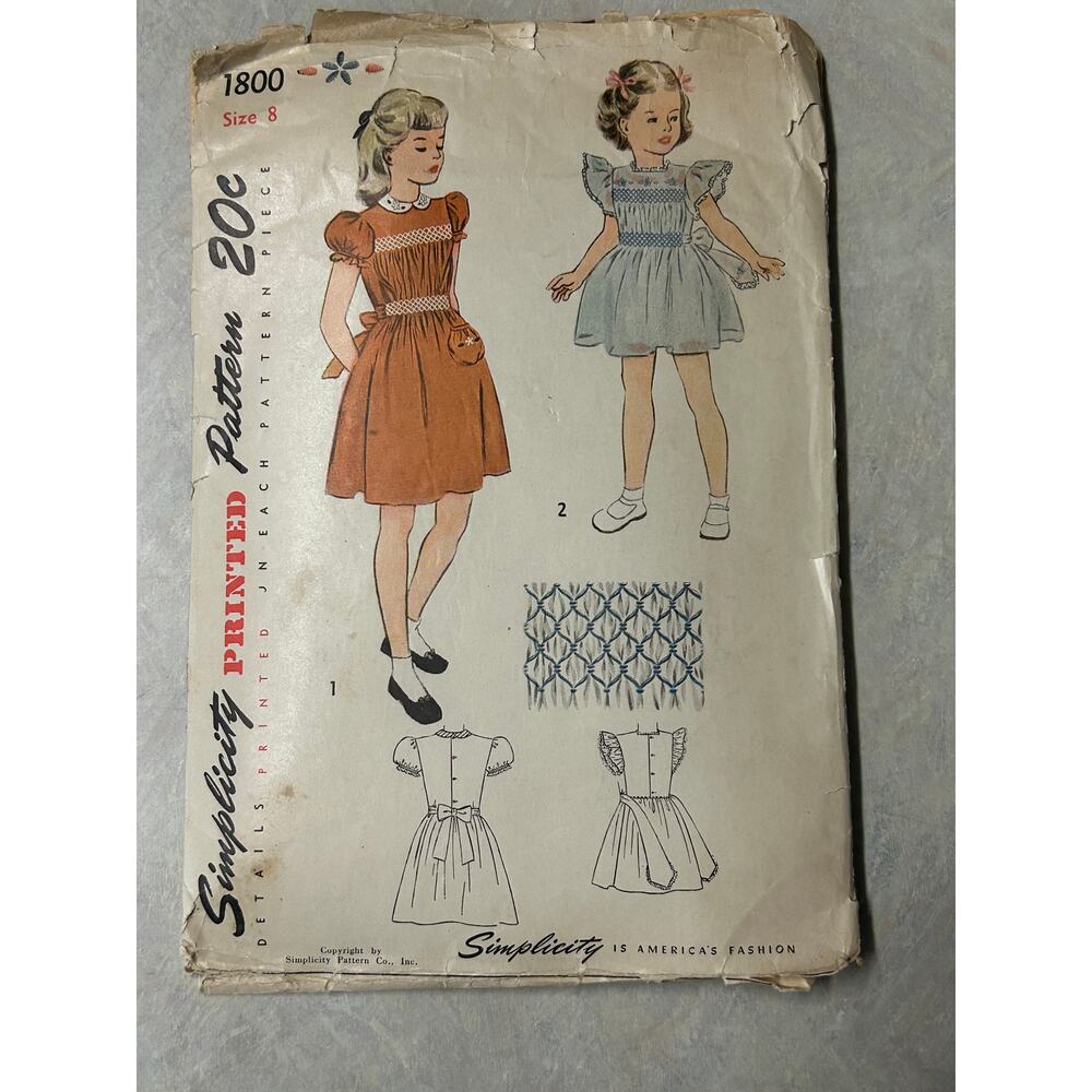 Vintage 1940's Simplicity Pattern #1800 Girls Smocked Dress Size HTF